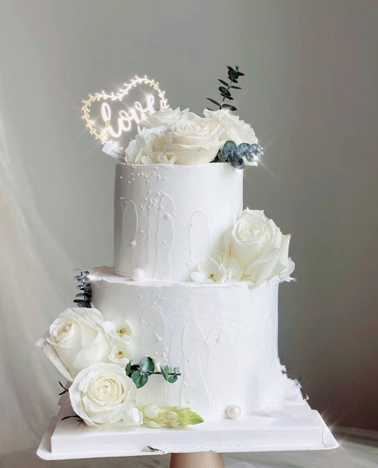 White Stroke Floral Wedding Cake Two Tier