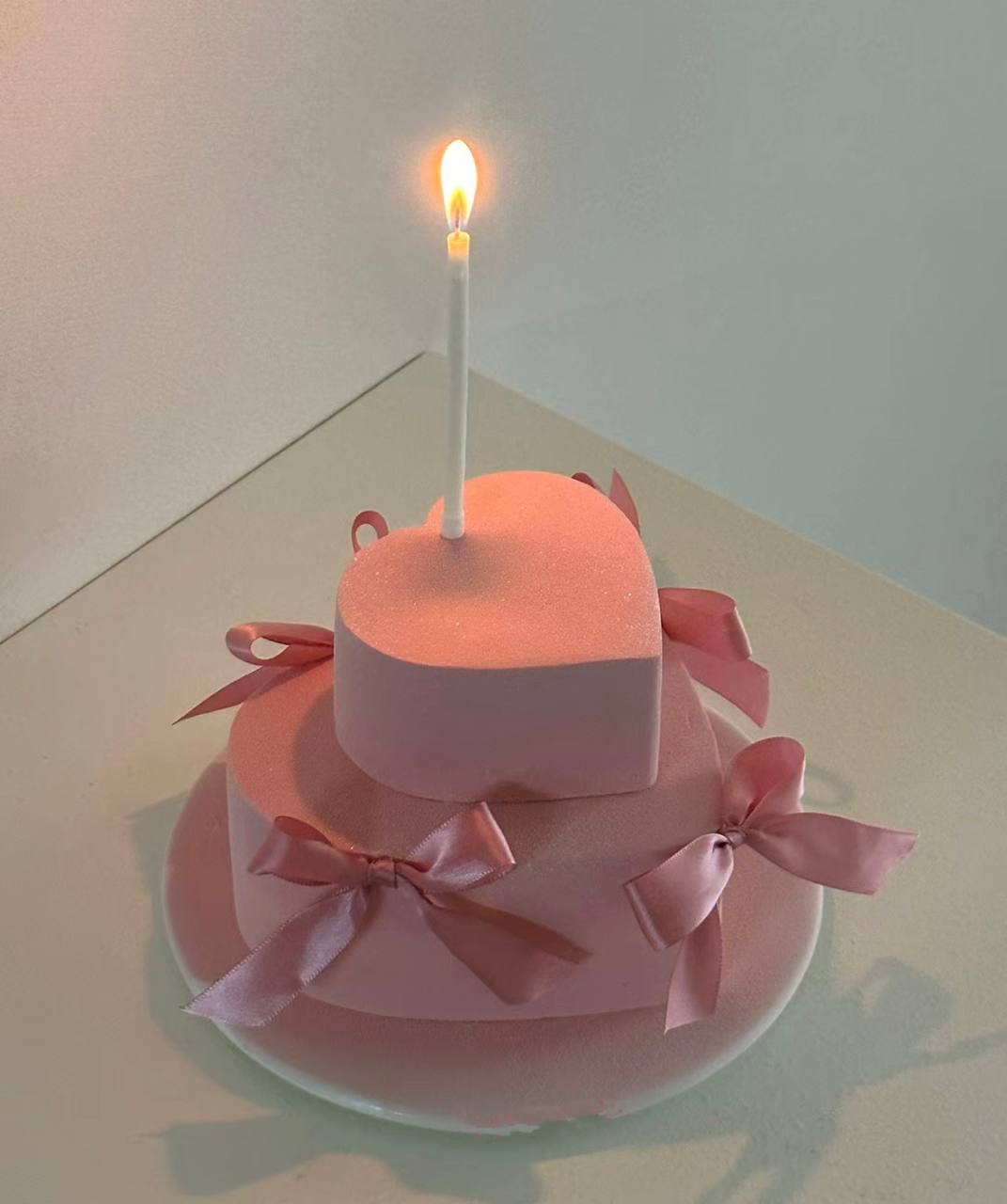 Petite Two Tier Pink Heart Ribbon Cake