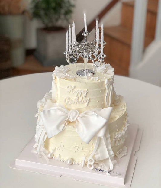 White Vintage Ribbon Dreamy Candle Two Tier Cake