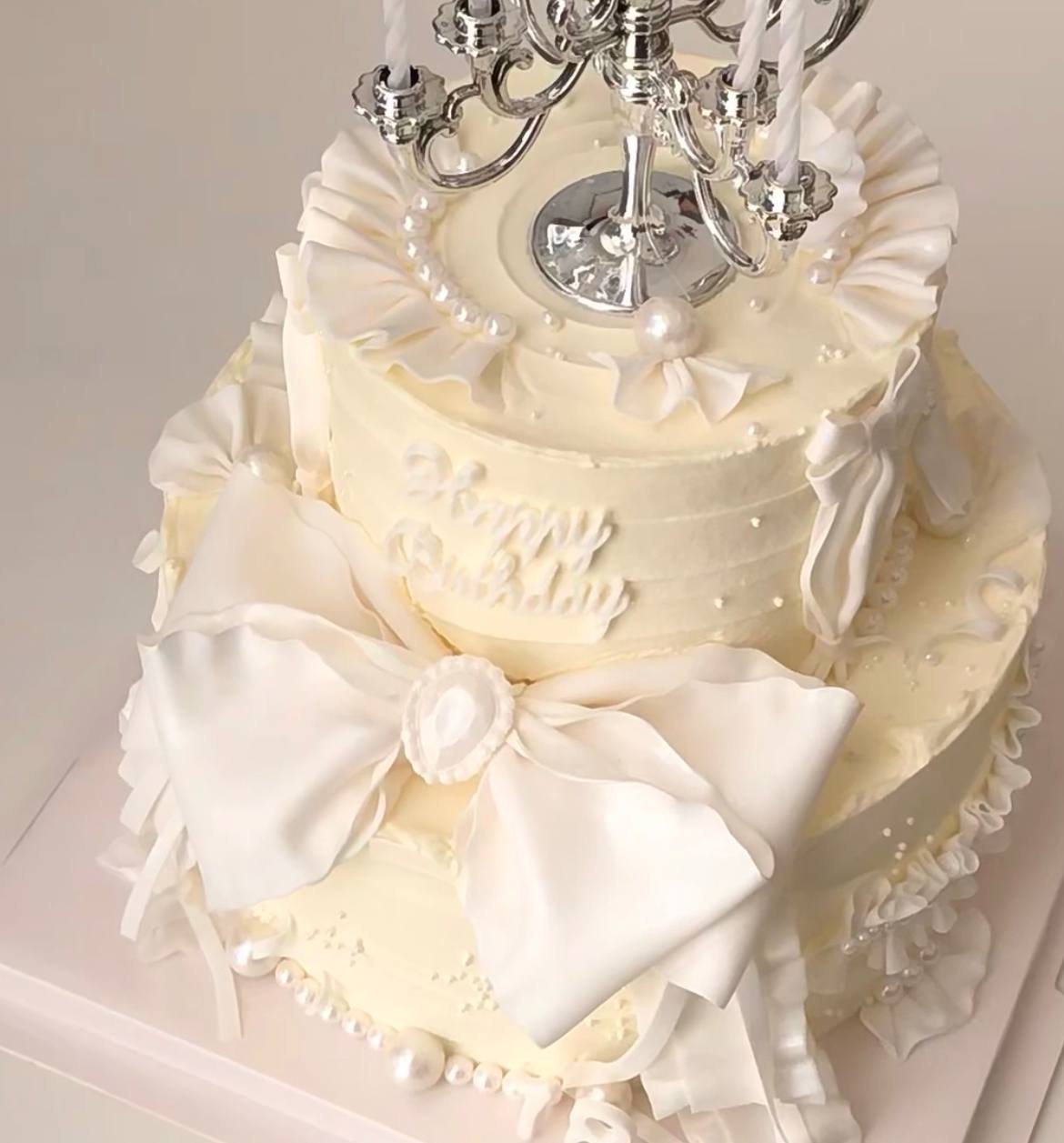 White Vintage Ribbon Dreamy Candle Two Tier Cake
