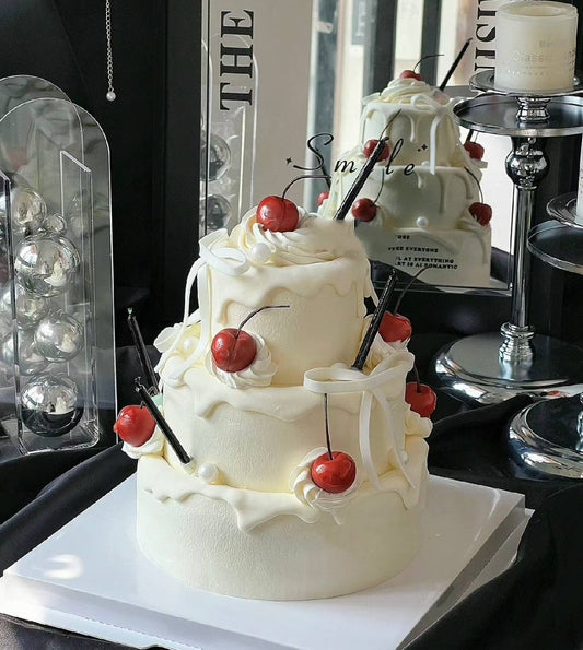 Cream White Vintage Cherries - Three Tier Cake