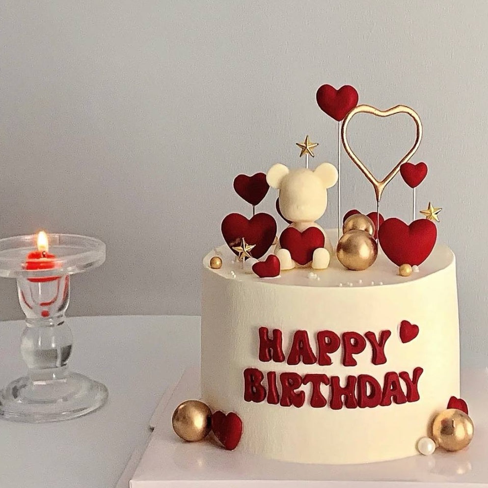 Red Hearts Bear Birthday Cake