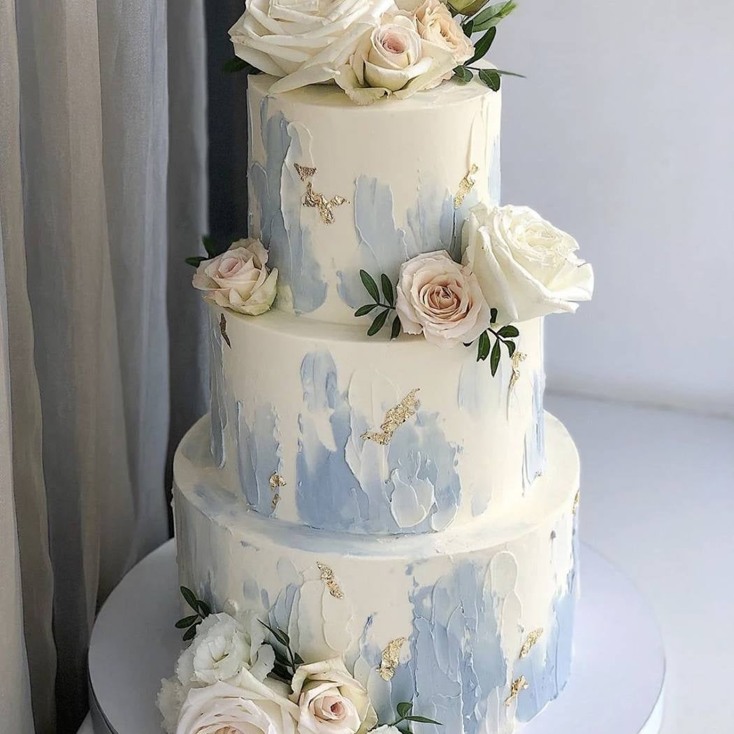 Baby Blue Stroke Wedding Floral Cake